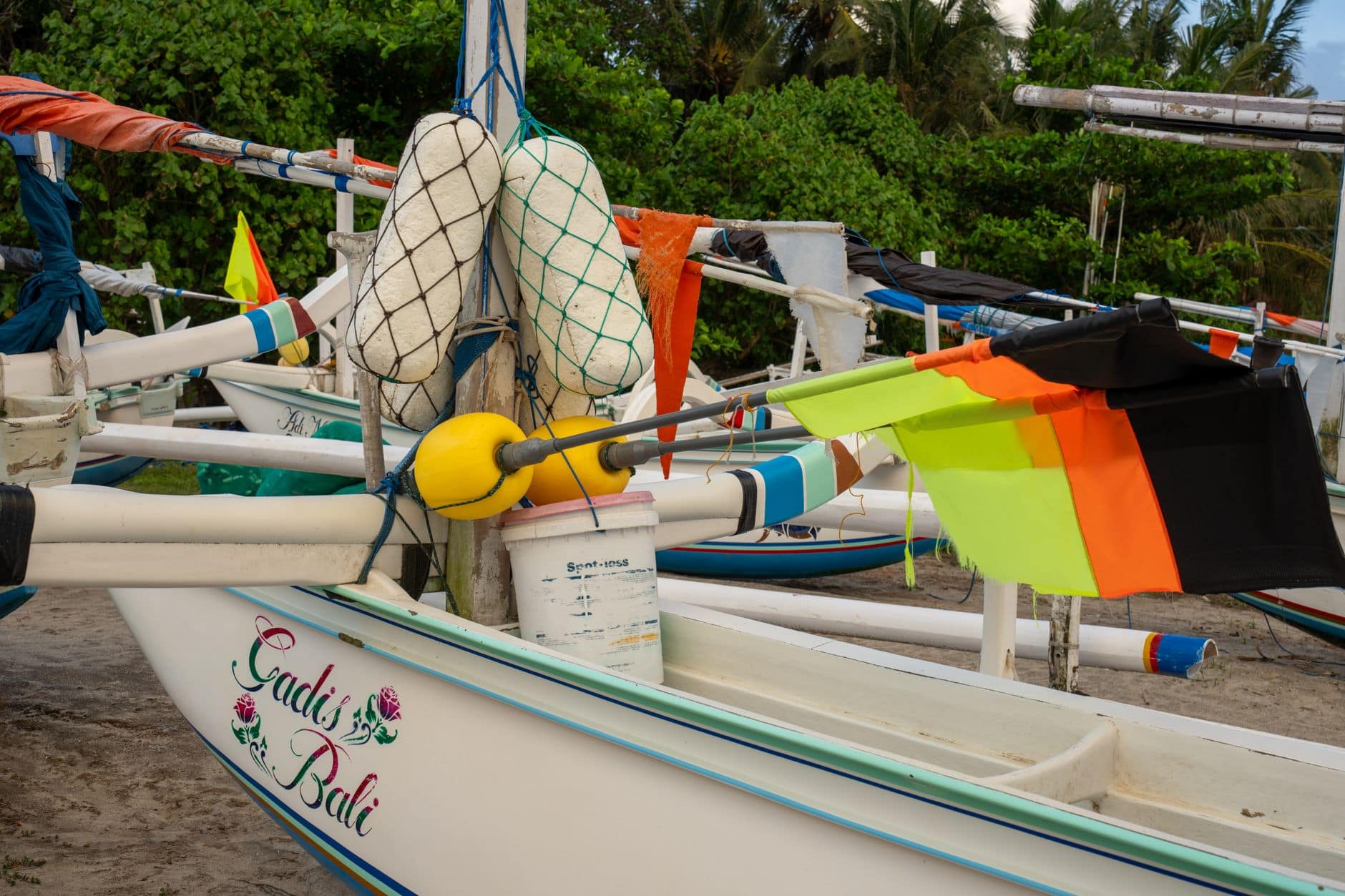 Traditional outrigger boats at Lovina beach in north Bali for the dolphin tour